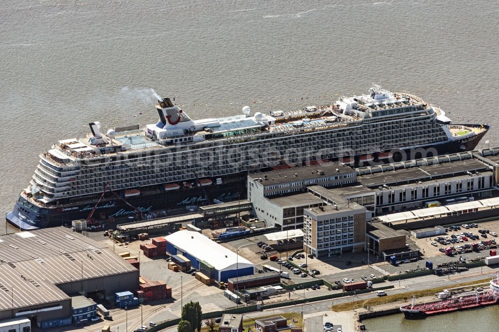 Aerial image Bremerhaven - Cruise and passenger ship Mein Schiff in Bremerhaven in the state Bremen, Germany