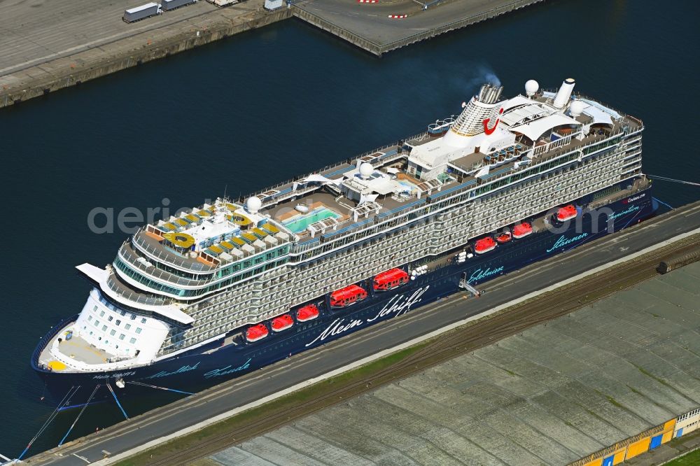 Rostock from above - Cruise and passenger ship Mein Schiff 6 in port of the district Peez in Rostock in the state Mecklenburg - Western Pomerania, Germany