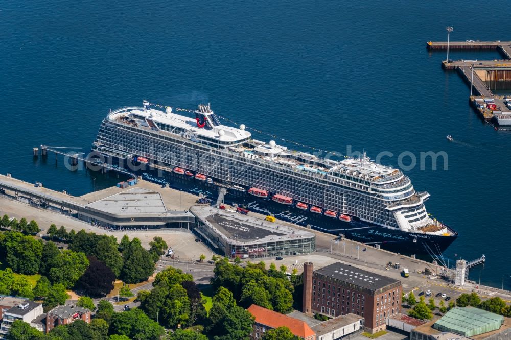 Kiel from above - Cruise and passenger ship Mein Schiff 1 in Kiel in the state Schleswig-Holstein, Germany