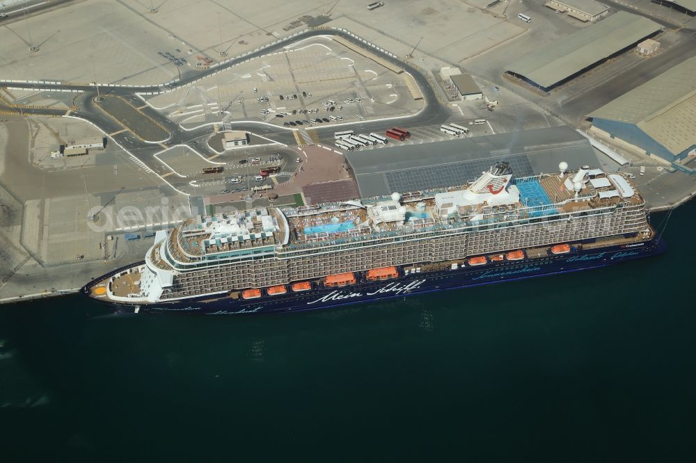 Abu Dhabi from the bird's eye view: Cruise and passenger ship Mein Schiff 5 at the cruise terminal in Port Zayed in Abu Dhabi in United Arab Emirates