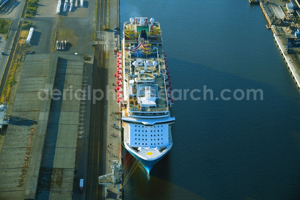 Rostock from above - Cruise and passenger ship Norwegian Breakaway in Rostock in the state Mecklenburg - Western Pomerania, Germany