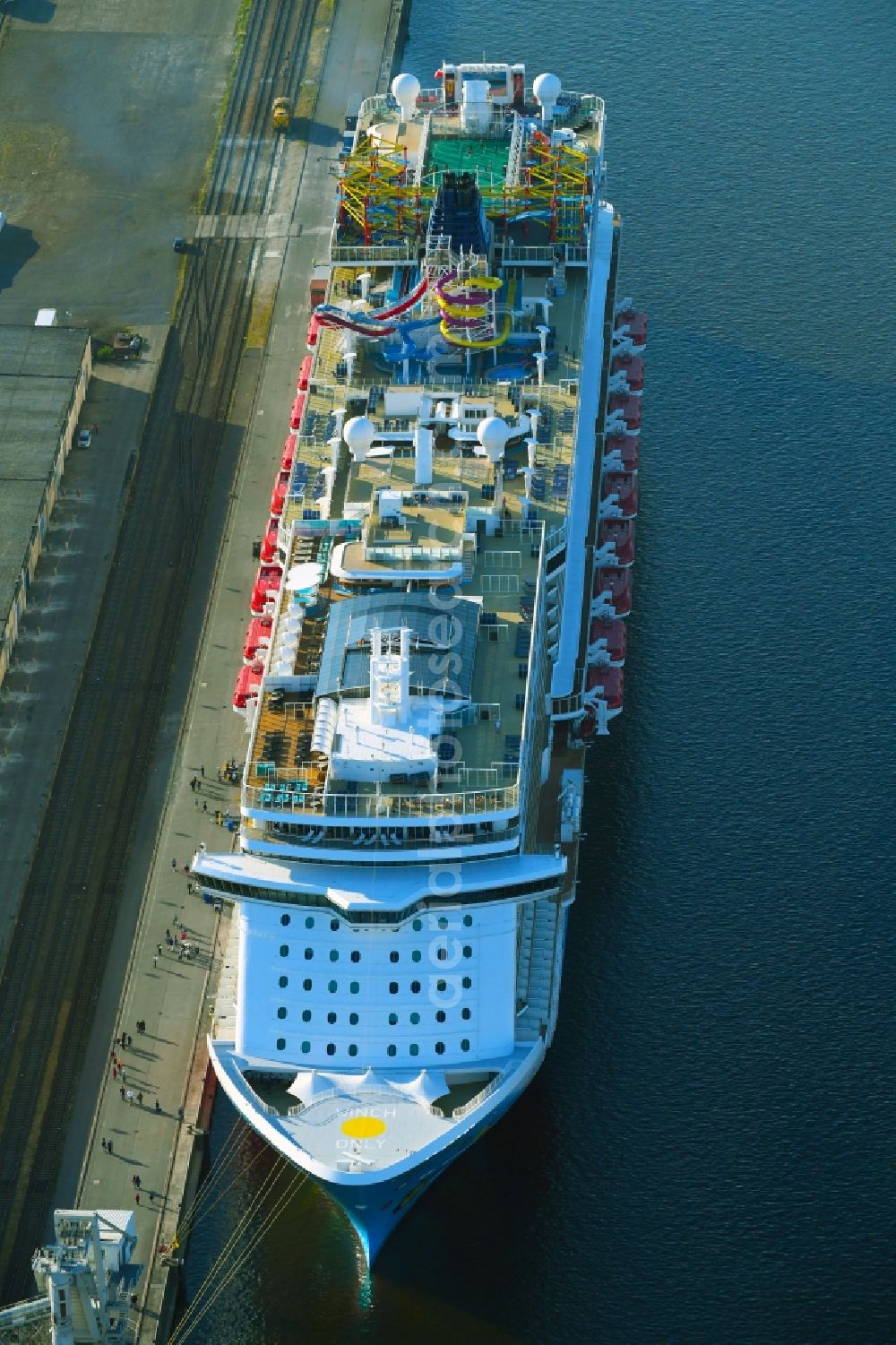 Aerial image Rostock - Cruise and passenger ship Norwegian Breakaway in Rostock in the state Mecklenburg - Western Pomerania, Germany