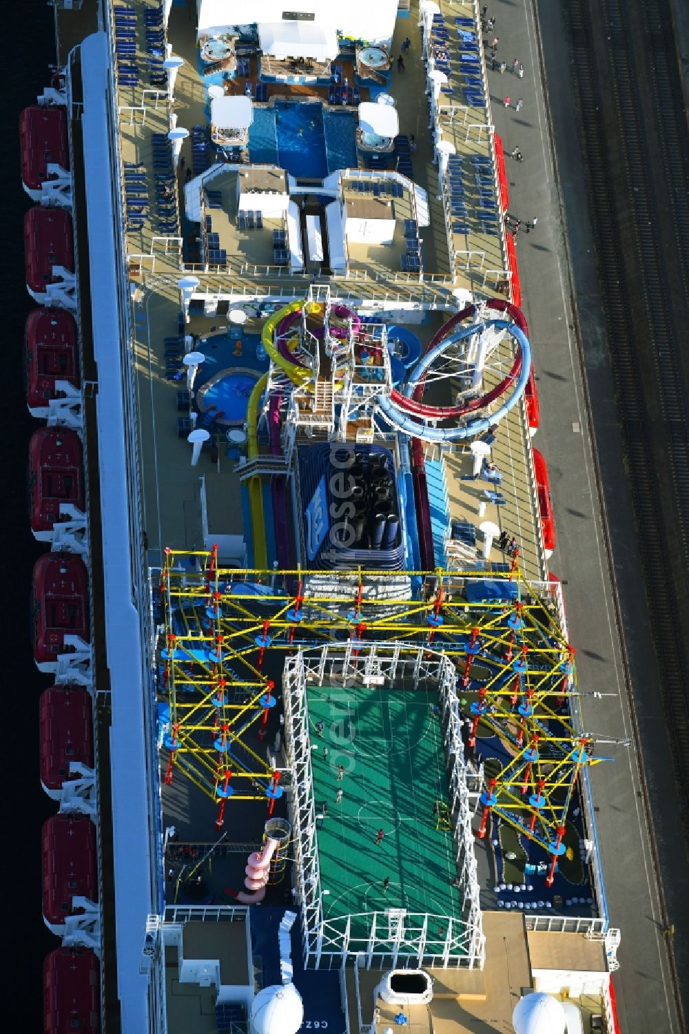 Aerial image Rostock - Cruise and passenger ship Norwegian Breakaway in Rostock in the state Mecklenburg - Western Pomerania, Germany