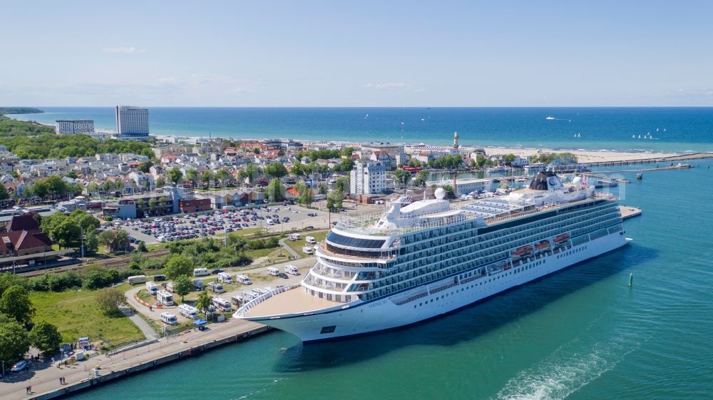 Rostock from the bird's eye view: Cruise and passenger ship VIKING SEA in the district Warnemuende in Rostock in the state Mecklenburg - Western Pomerania, Germany