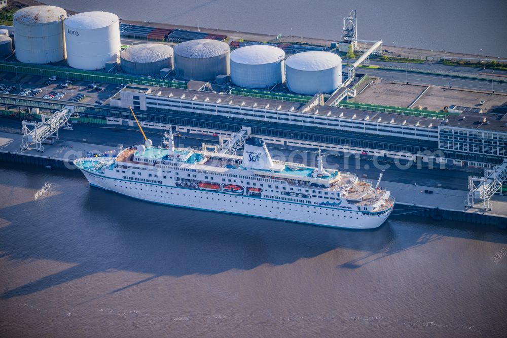 Aerial photograph Bremerhaven - Cruise and passenger ship World Odyssey in Bremerhaven in the state Bremen, Germany