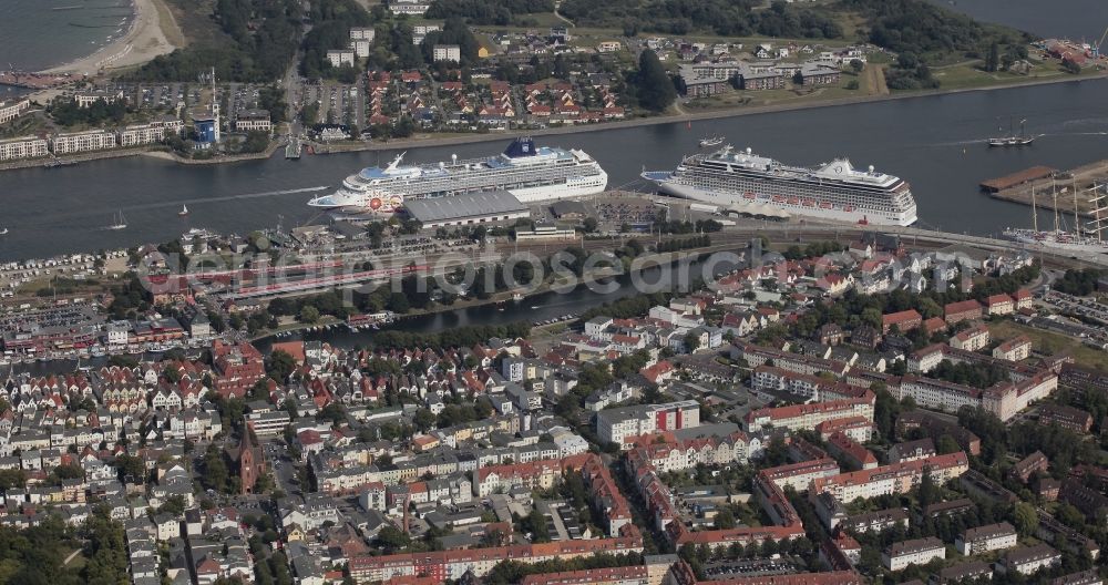 Rostock from above - Cruise ships in Warnemuende, a district of Rostock in Mecklenburg - Western Pomerania