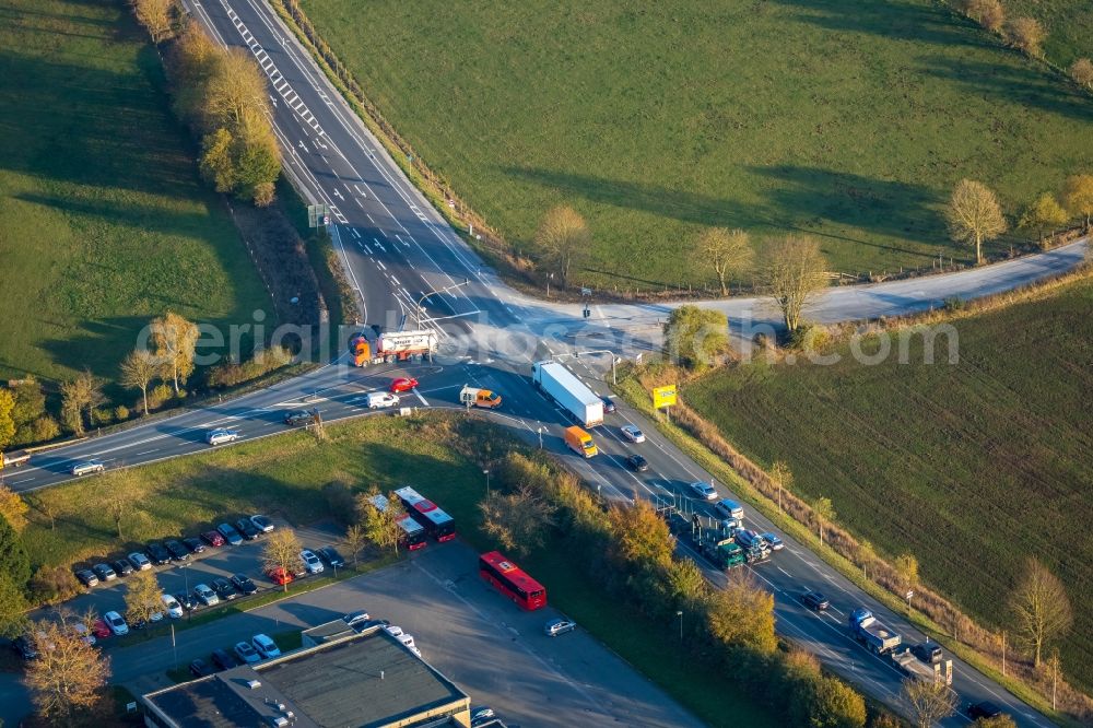 Brilon from above - Road over the crossroads of Altenbuerener Str. and of B7 in Brilon in the state North Rhine-Westphalia, Germany