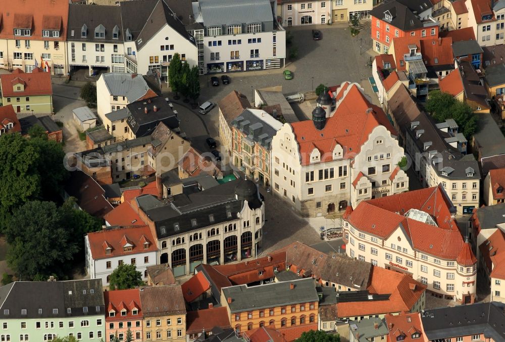 Aerial photograph Apolda - At the intersection August-Bebel-Straße - On the bridge Born in Apolda in Thuringia are prominent buildings such as the town hall and the Savings Bank. At present, it is considered that Bell Museum accomodation in the city house