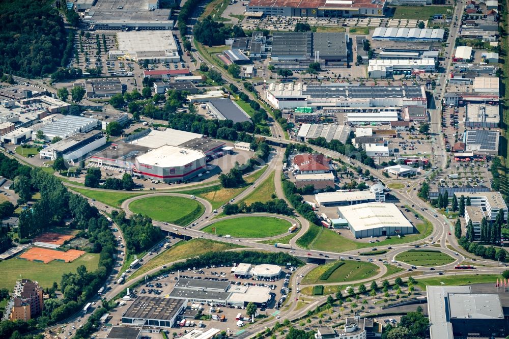 Aerial image Offenburg - Road over the crossroads BAB Zubringer Offenburg in Offenburg in the state Baden-Wuerttemberg, Germany