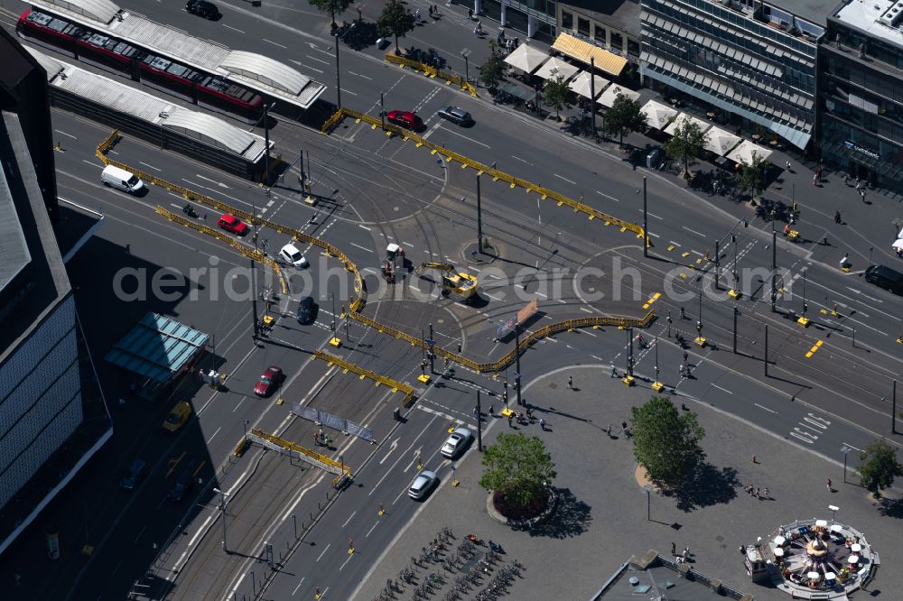 Braunschweig from above - Road over the crossroads Bohlweg - Georg-Eckert-Strasse with construction works in Brunswick in the state Lower Saxony, Germany