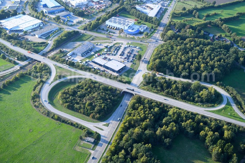 Aerial image Neumünster - Road over the crossroads of Bandesstrasse B205 with Auf- and Abfahrt of Boostedter Strasse in Neumuenster in the state Schleswig-Holstein, Germany