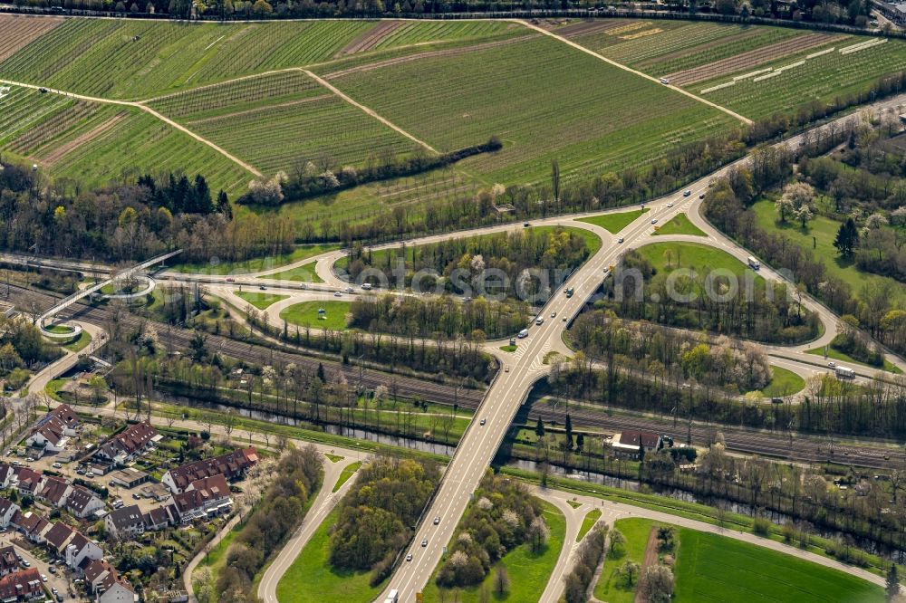 Karlsruhe from above - Road over the crossroads Bundestrasse B3 B10 in Karlsruhe in the state Baden-Wuerttemberg, Germany