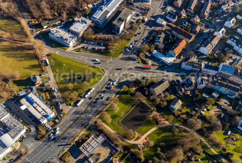 Hagen from above - Road over the crossroads Hagener Strasse and Boeler Strasse in Hagen in the state North Rhine-Westphalia, Germany