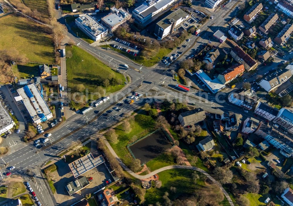 Hagen from the bird's eye view: Road over the crossroads Hagener Strasse and Boeler Strasse in Hagen in the state North Rhine-Westphalia, Germany