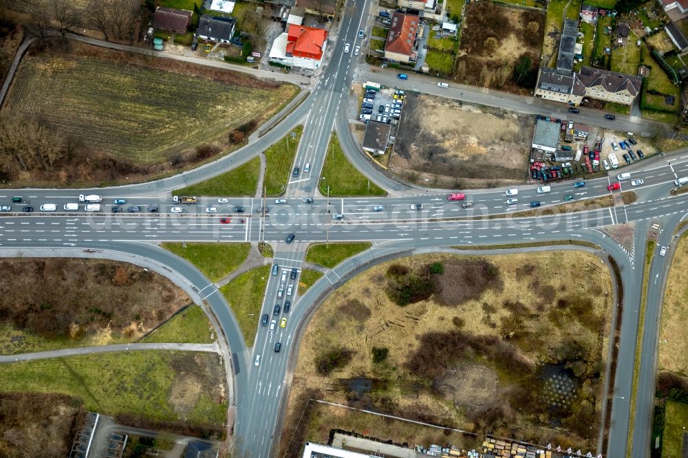 Bottrop from above - Road over the crossroads on Horster Strasse - Braukstrasse in Bottrop in the state North Rhine-Westphalia, Germany