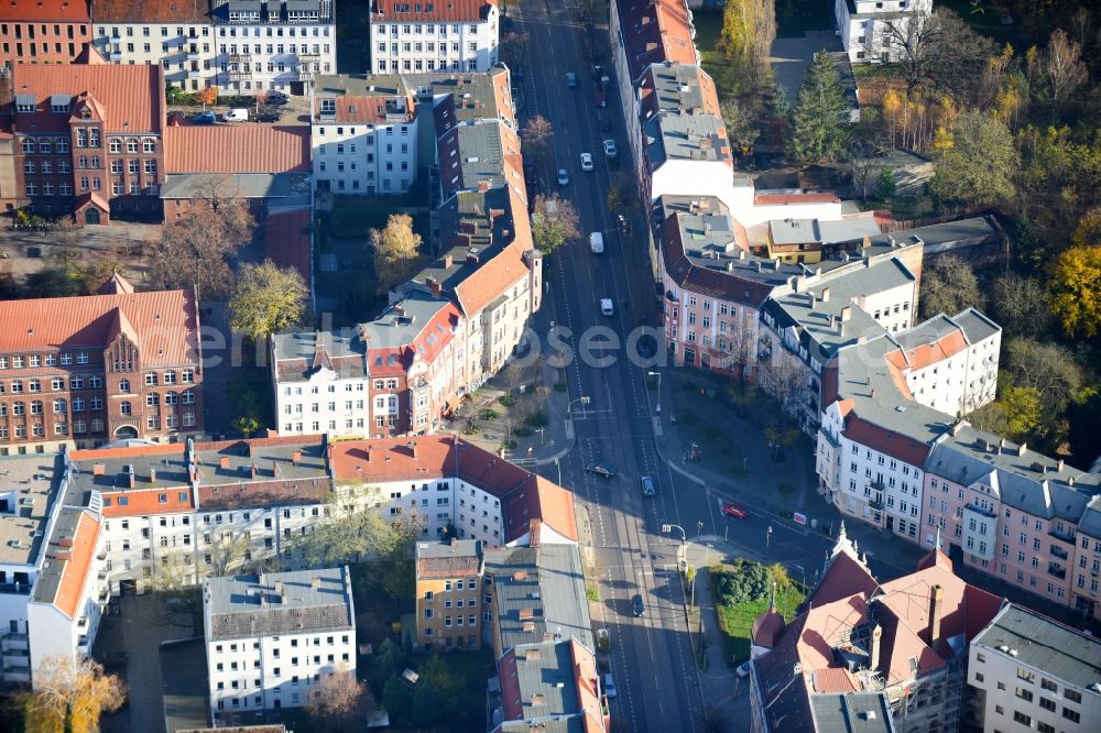 Aerial image Berlin - Road over the crossroads Mandrellaplatz - Seelenbinderstrasse in the district Koepenick in Berlin, Germany