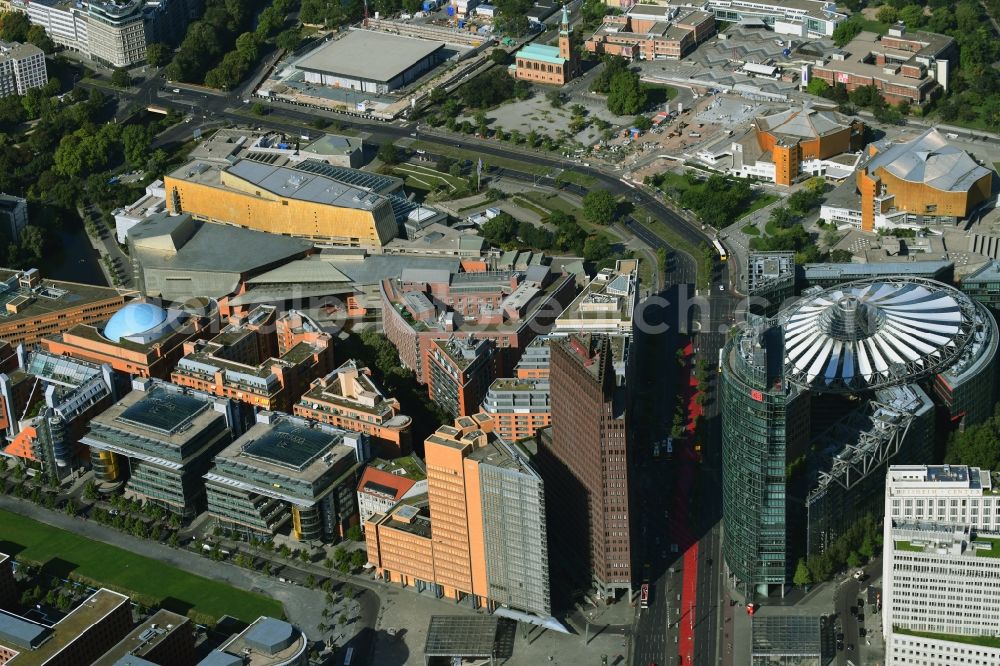 Berlin from the bird's eye view: Road over the crossroads Potsdamer Platz - Ebertstrasse - Stresemannstrasse - Leipziger Platz in the district Tiergarten in Berlin, Germany