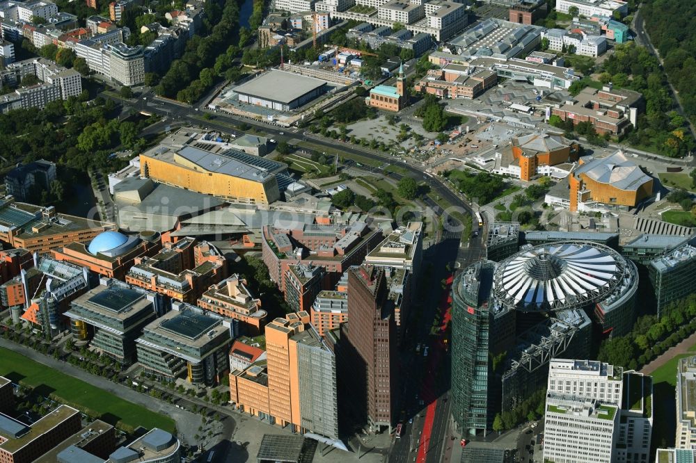 Aerial image Berlin - Road over the crossroads Potsdamer Platz - Ebertstrasse - Stresemannstrasse - Leipziger Platz in the district Tiergarten in Berlin, Germany