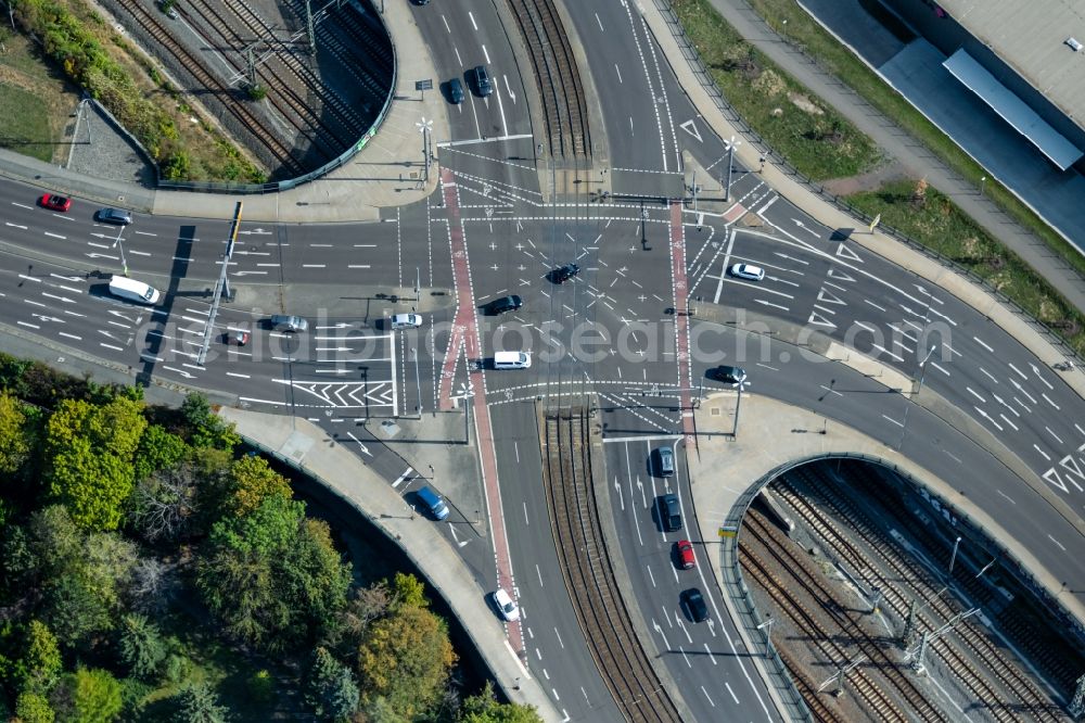 Leipzig from above - Road over the crossroads Rackwitzer Strasse - Berliner Strasse in the district Abtnaundorf in Leipzig in the state Saxony, Germany