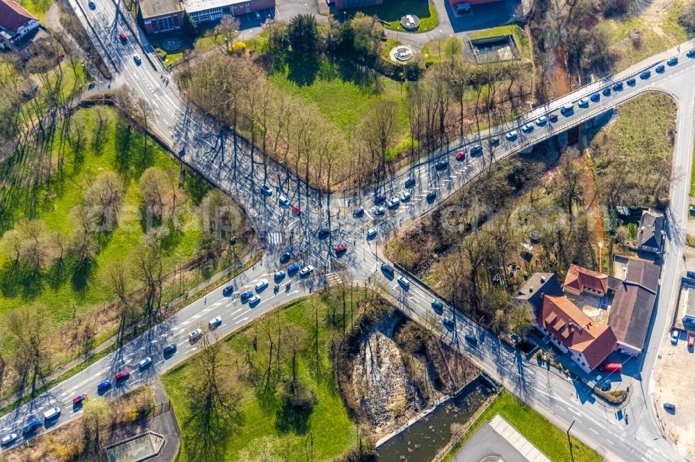 Aerial image Witten - Road over the crossroads Ruhrdeich - Ruhrstrasse in the district Bommern in Witten at Ruhrgebiet in the state North Rhine-Westphalia, Germany