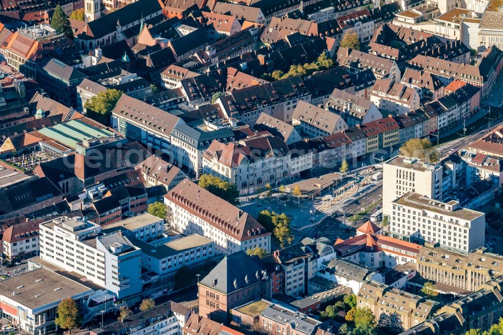 Freiburg im Breisgau from above - Road over the crossroads on Siegesdenkmal in Freiburg im Breisgau in the state Baden-Wurttemberg, Germany