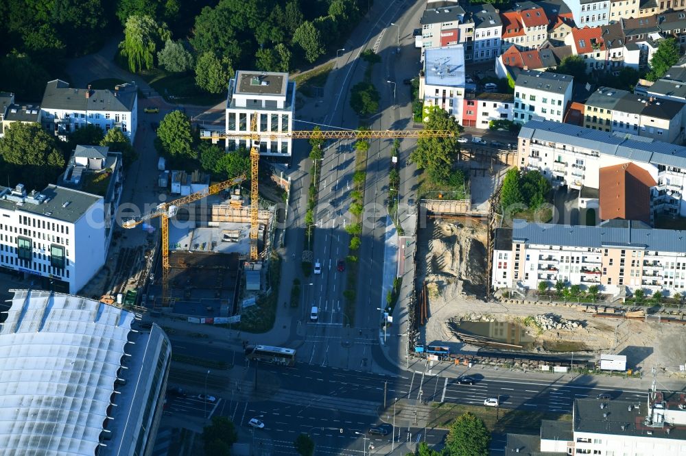 Aerial image Rostock - Road over the crossroads of Strasse Am Voegenteich and of August-Bebel-Strasse in Rostock in the state Mecklenburg - Western Pomerania, Germany