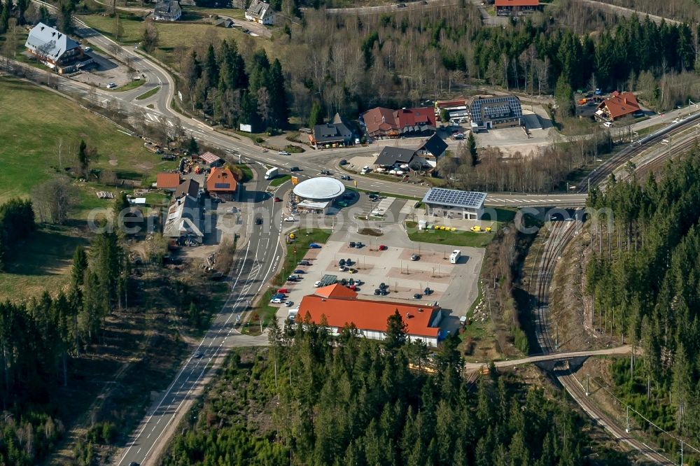 Aerial image Feldberg (Schwarzwald) - Road over the crossroads and Treffpunkt Baerental in Feldberg (Schwarzwald) in the state Baden-Wuerttemberg, Germany