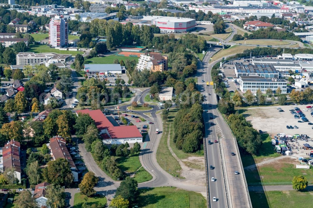 Offenburg from above - Road over the crossroads B3 Verkehrsfuehrung in Offenburg in the state Baden-Wuerttemberg, Germany