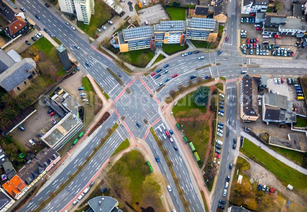 Velbert from above - Road over the crossroads B227 to the Velberter Strasse in Velbert in the state North Rhine-Westphalia, Germany