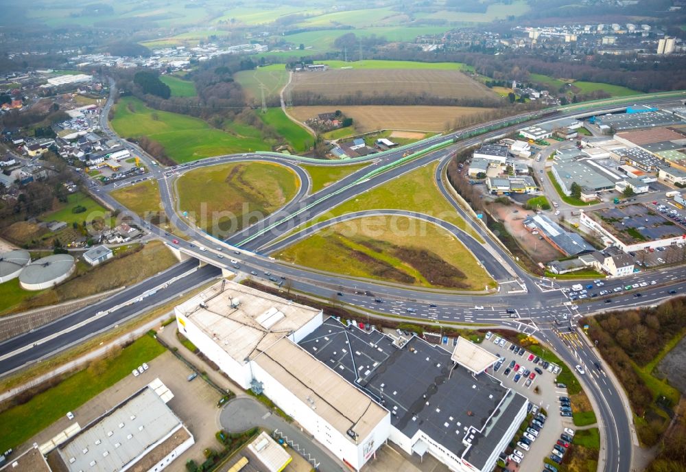 Aerial image Velbert - Road over the crossroads B227 to the Velberter Strasse in Velbert in the state North Rhine-Westphalia, Germany