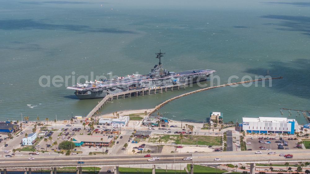 Aerial image Corpus Christi - Ship of the Navy USS Lexington, CV-16, Essex-Class Aircraft Carrier on street North Shoreline Boulevard in Corpus Christi in Texas, United States of America