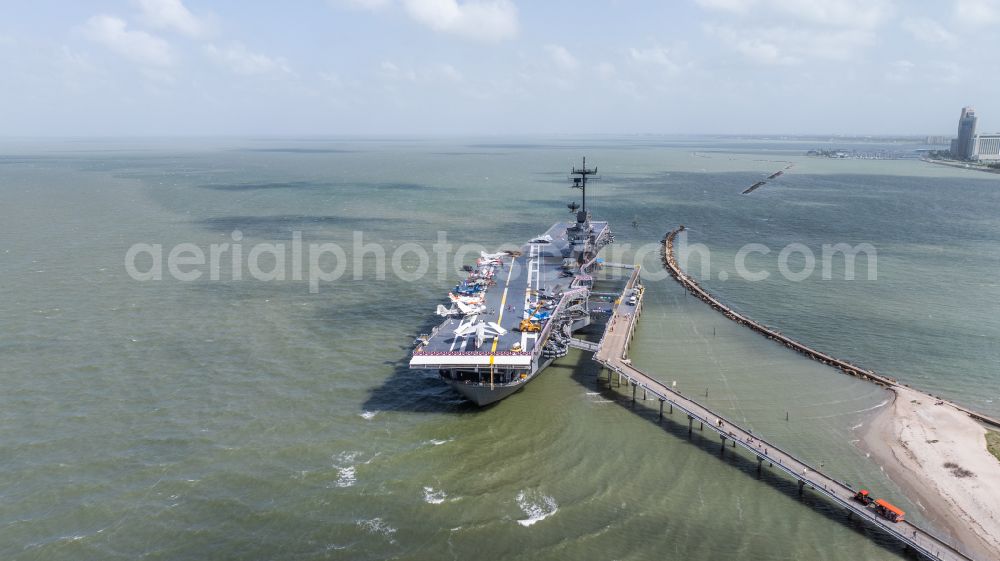 Aerial image Corpus Christi - Ship of the Navy USS Lexington, CV-16, Essex-Class Aircraft Carrier on street North Shoreline Boulevard in Corpus Christi in Texas, United States of America