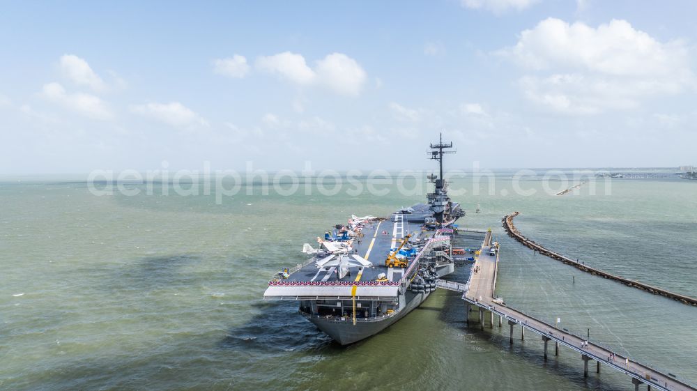 Aerial photograph Corpus Christi - Ship of the Navy USS Lexington, CV-16, Essex-Class Aircraft Carrier on street North Shoreline Boulevard in Corpus Christi in Texas, United States of America