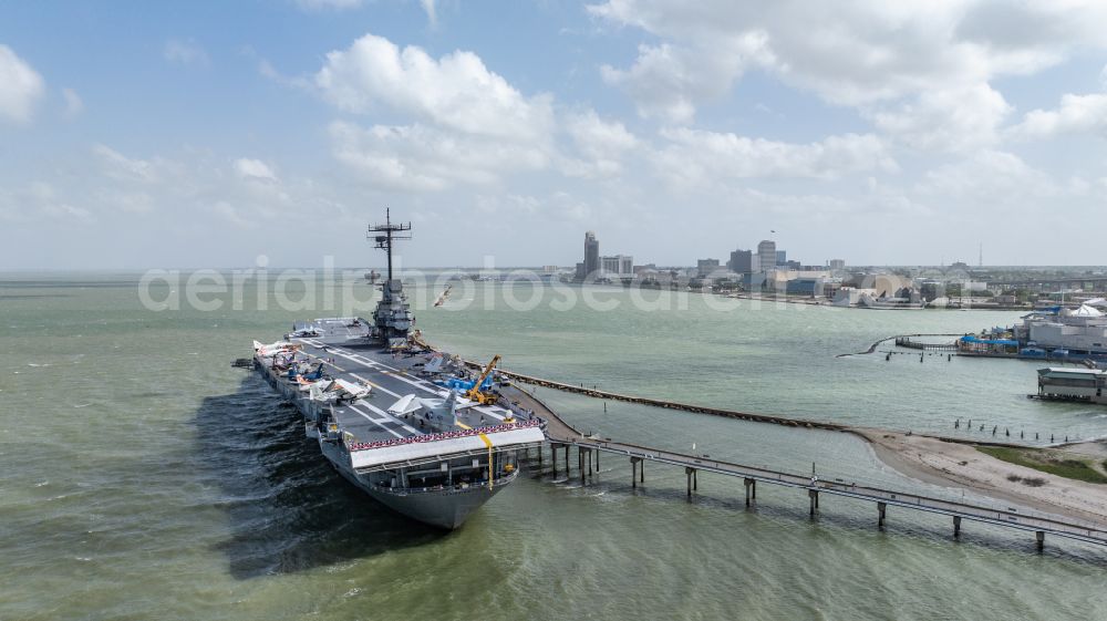 Corpus Christi from above - Ship of the Navy USS Lexington, CV-16, Essex-Class Aircraft Carrier on street North Shoreline Boulevard in Corpus Christi in Texas, United States of America