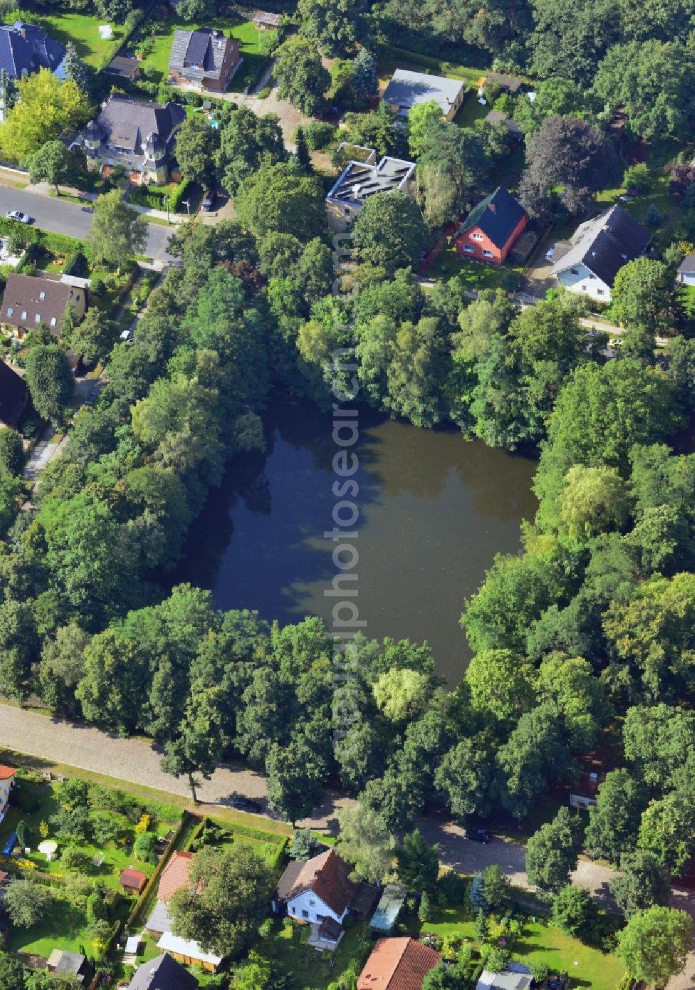 Berlin-Mahlsdorf from above - The Koernerteich is a biotope in the middle of a housing complex in Berlin-Mahlsdorf