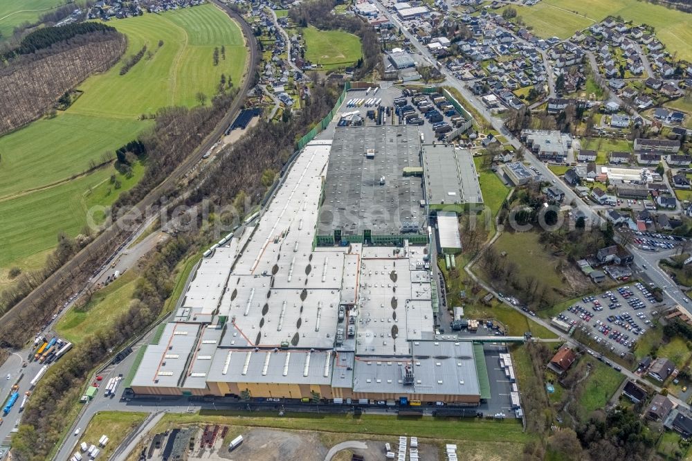 Krombach from the bird's eye view: Warehouses and forwarding building on Poststrasse in Krombach in the state North Rhine-Westphalia, Germany