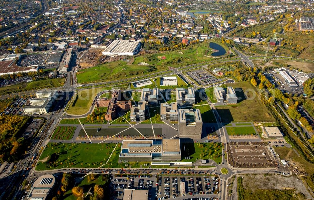 Essen from the bird's eye view: The Krupp-Guertel is an urban project, at the Altendorfer street corner Berthold-Beitz-Boulevard in the district Westviertel in Essen in the state North Rhine-Westphalia. The new buildings of ThyssenKrupp Headquarters were erected on the largely untapped area of the former Kruppschen Gussstahlfabrik and are currently the headquarters of ThyssenKrupp AG