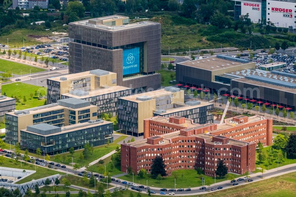 Essen from the bird's eye view: The Krupp-Guertel is an urban project, at the Altendorfer street corner Berthold-Beitz-Boulevard in the district Westviertel in Essen in the state North Rhine-Westphalia. The new buildings of ThyssenKrupp Headquarters were erected on the largely untapped area of the former Kruppschen Gussstahlfabrik and are currently the headquarters of ThyssenKrupp AG