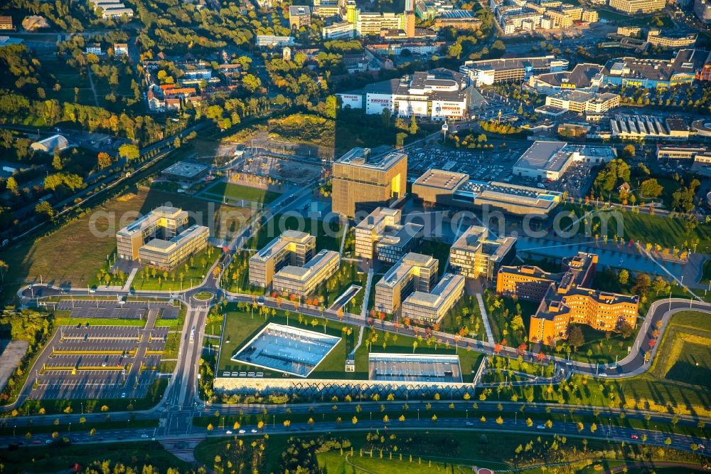 Aerial photograph Essen - The Krupp-Guertel is an urban project, at the Altendorfer street corner Berthold-Beitz-Boulevard in the district Westviertel in Essen in the state North Rhine-Westphalia. The new buildings of ThyssenKrupp Headquarters were erected on the largely untapped area of the former Kruppschen Gussstahlfabrik and are currently the headquarters of ThyssenKrupp AG