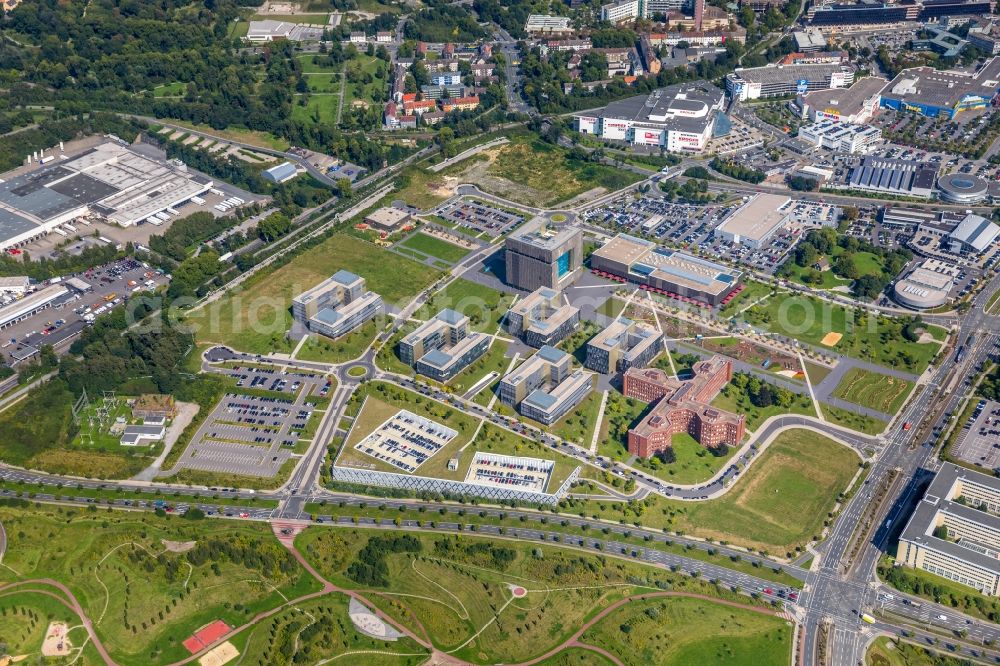 Essen from above - The Krupp-Guertel is an urban project, at the Altendorfer street corner Berthold-Beitz-Boulevard in the district Westviertel in Essen in the state North Rhine-Westphalia. The new buildings of ThyssenKrupp Headquarters were erected on the largely untapped area of the former Kruppschen Gussstahlfabrik and are currently the headquarters of ThyssenKrupp AG