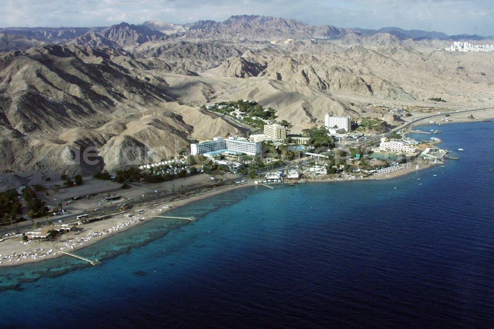 Eilat from the bird's eye view: Coastline on beach at the Coral Beach natural reserve on the Red Sea in Eilat in South District, Israel