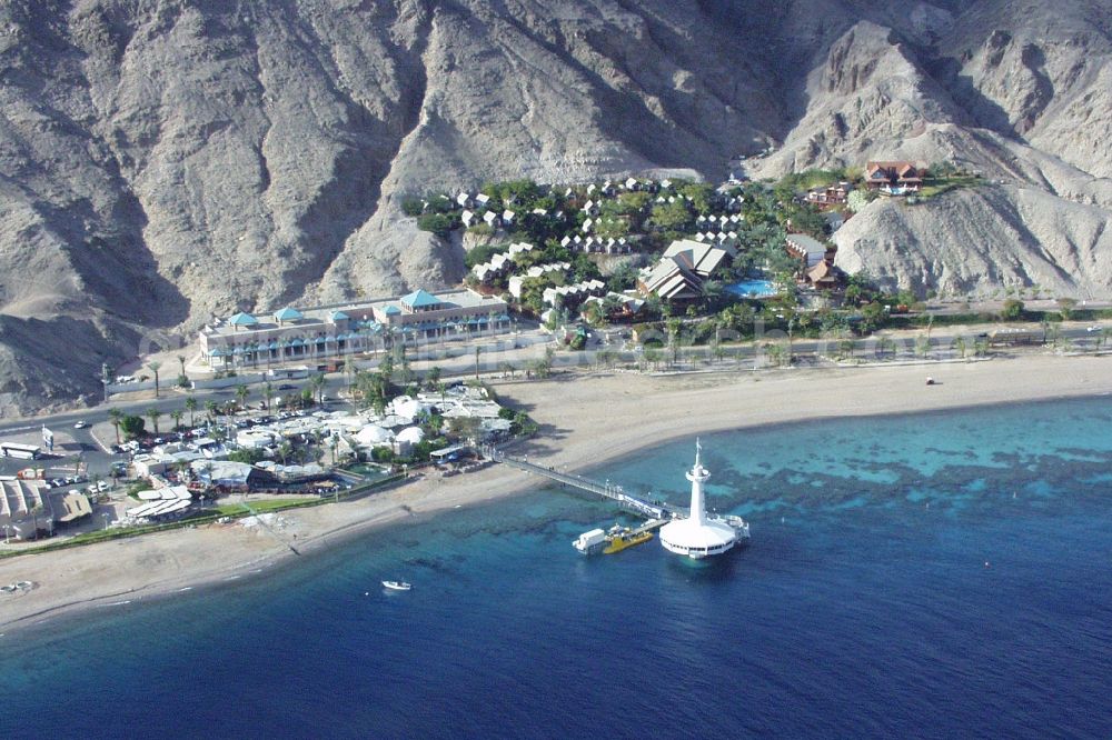 Aerial image Eilat - Coastline of the Coral Beach at the Underwater Observatory Marine Park ( Coral World Eilat ) on the Red Sea in Eilat in South District, Israel