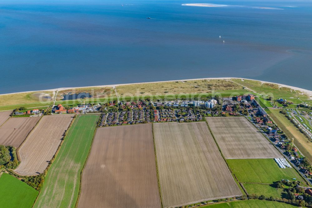 Aerial photograph Wangerland - The coast of Schillig in East Frisia in the borough of Wangerland in the state of Lower Saxony. Schillig is a seaside resort and part of the Horumersiel-Schillig part of the borough. The region is characterised by fields, sandy beaches, the nature preserve area Wiesenbatterie - the only forest in the area - and the East Frisian islands which are in the North Sea