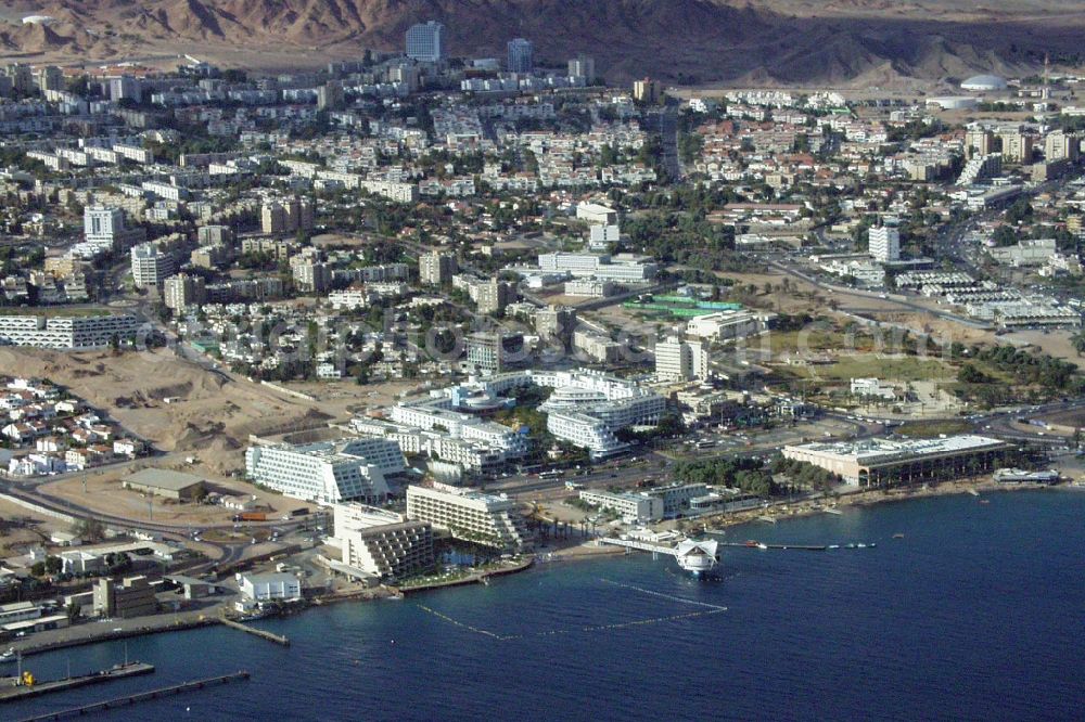Aerial image Eilat - Coastal area and hotel district in the city in Eilat in South District, Israel, Red Sea and Gulf of Aqaba