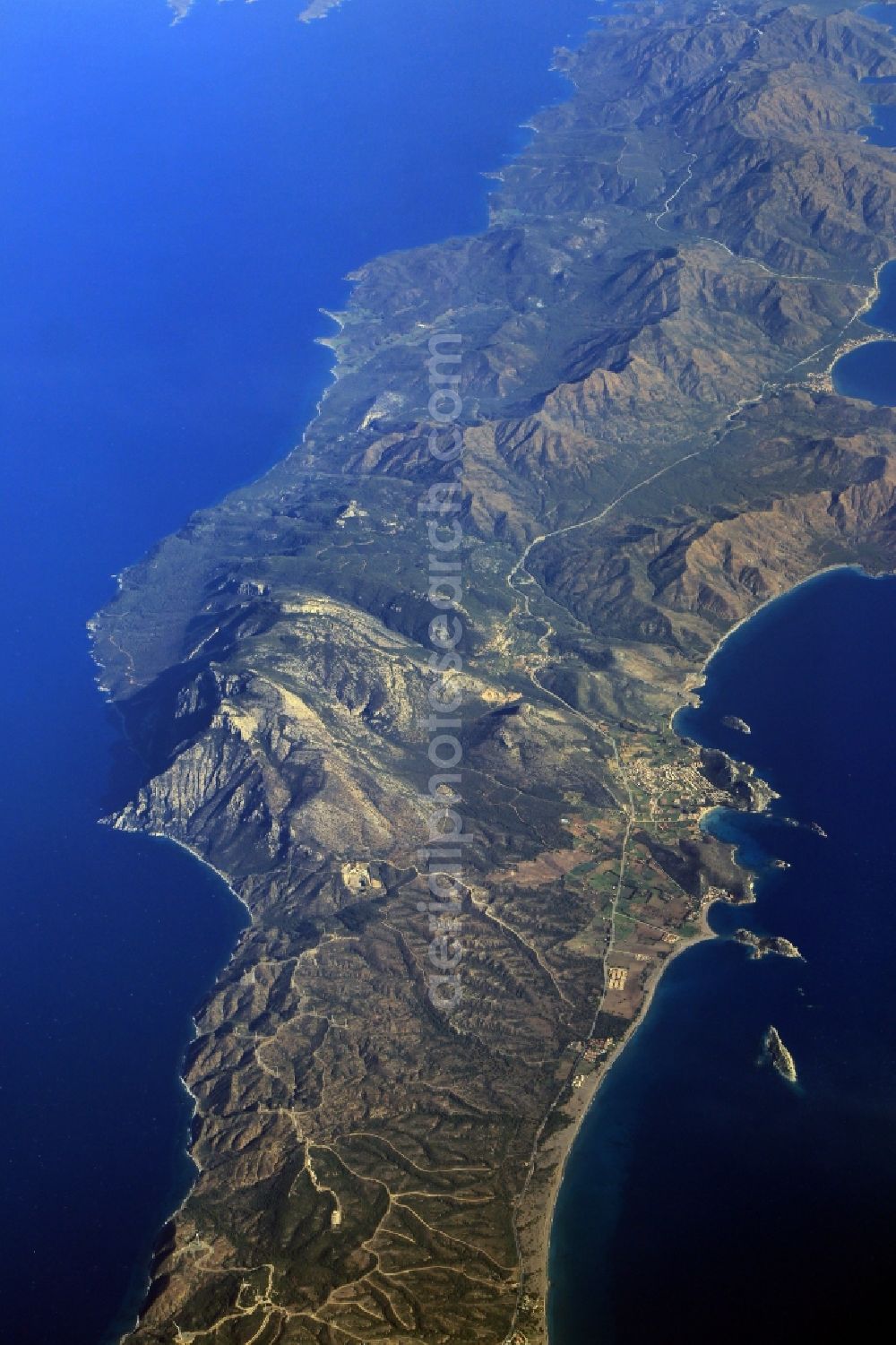 Aerial image Emecik - Coastline at the Mediterranean Sea coast in the Region of Emecik at the Turkish Aegean Sea in Mugla, Turkey