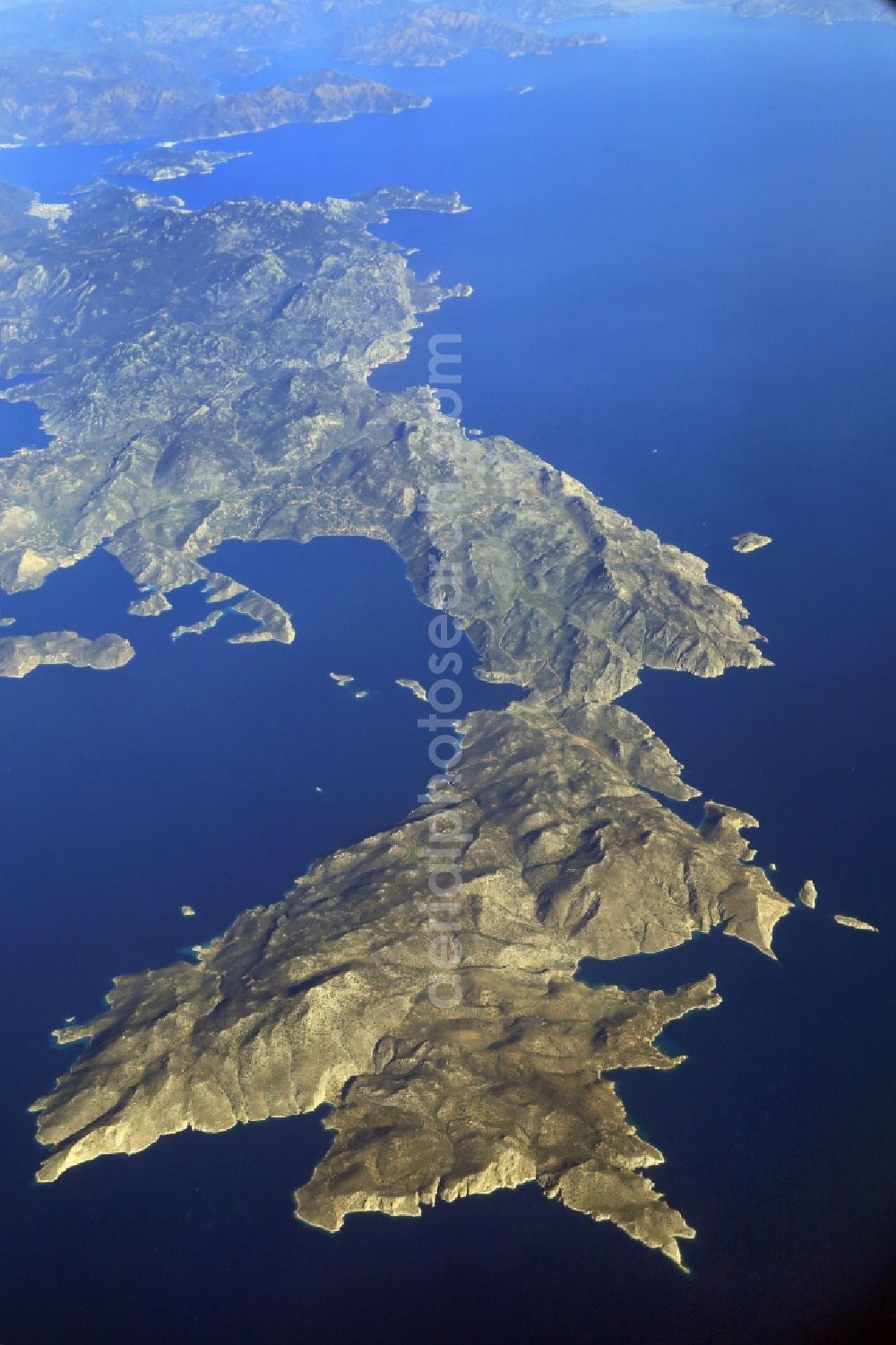 Halbinsel Bozburun from above - Coastline of the peninsula Bozburun in the Mediterranean Sea at the Turkish Aegean Sea in Mugla, Turkey