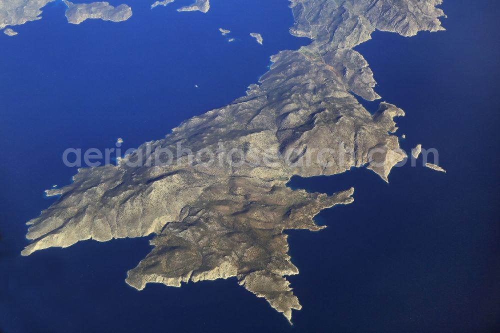 Halbinsel Bozburun from the bird's eye view: Coastline of the peninsula Bozburun in the Mediterranean Sea at the Turkish Aegean Sea in Mugla, Turkey