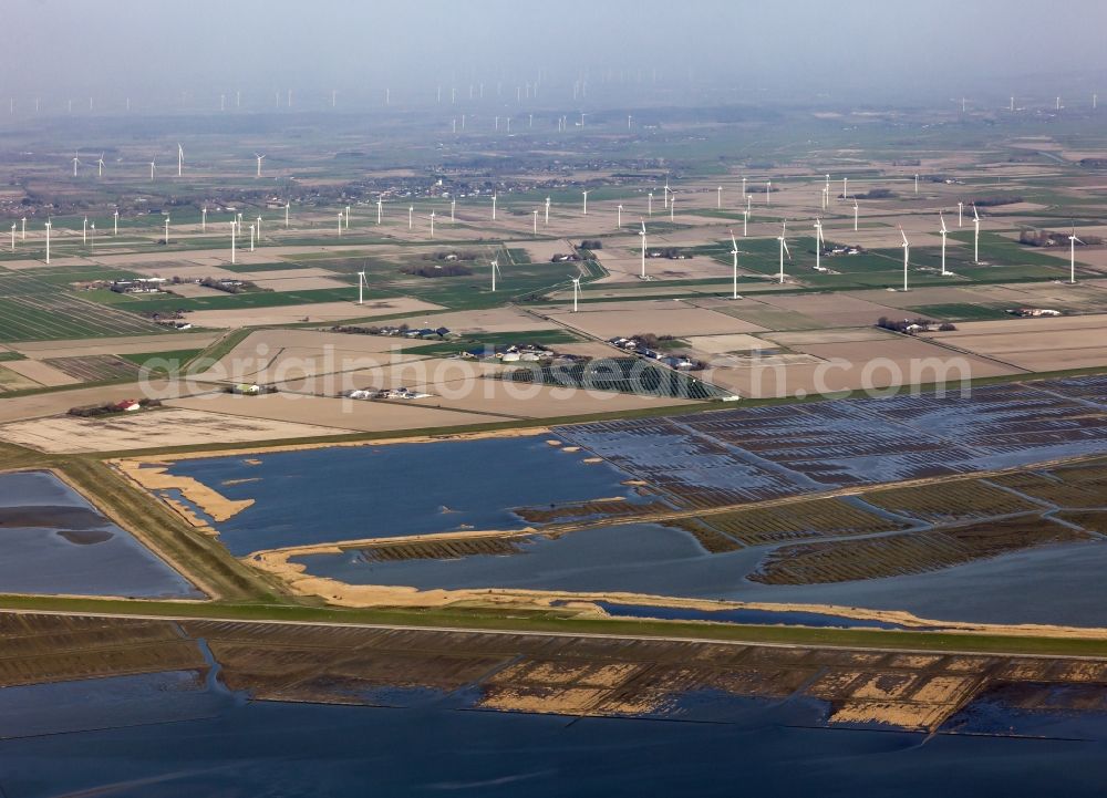 Reußenköge from the bird's eye view: Coastline with dike protection strips beim Luettmoorsee in Reussenkoege in the state Schleswig-Holstein, Germany