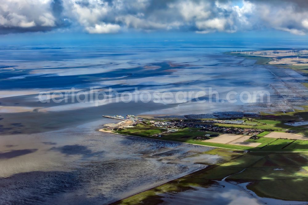 Dagebüll from above - Coastline with dike protection strips in Dagebuell North Friesland in the state Schleswig-Holstein, Germany