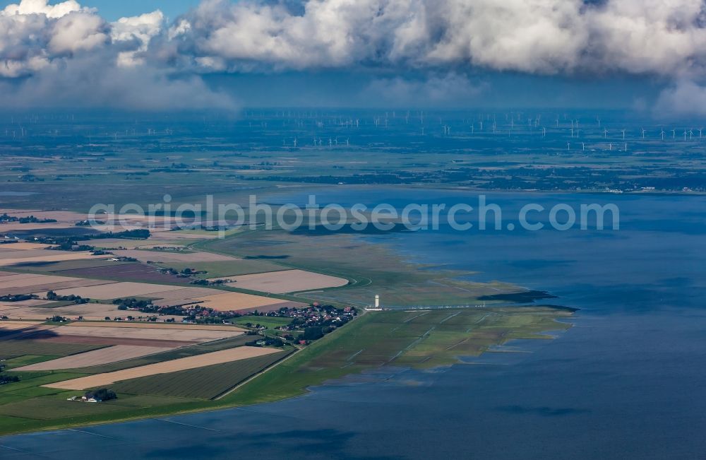 Nordstrand from above - Coastal landscape with dike protection strips in Suederhafen on the island of Nordstrand in the state Schleswig-Holstein, Germany